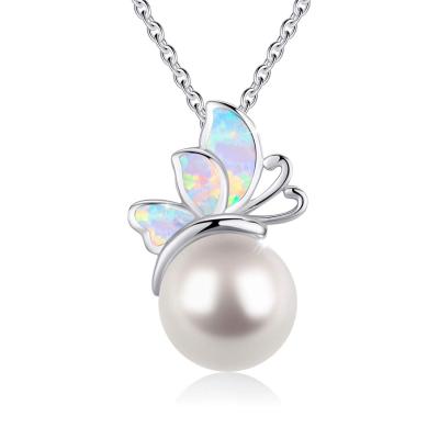 China Butterfly Opal Pendant Necklace Single Pearl Lead Free and Nickel Free Necklace S925 Sterling Silver Necklace for Women Teens for sale