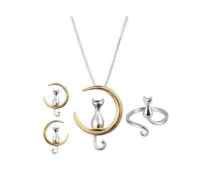 China Full Set Ring And Necklace Earrings Jewelry 2017 Advance Jewelry And Nickel Free 925 Sterling Silver Cat On Moon for sale