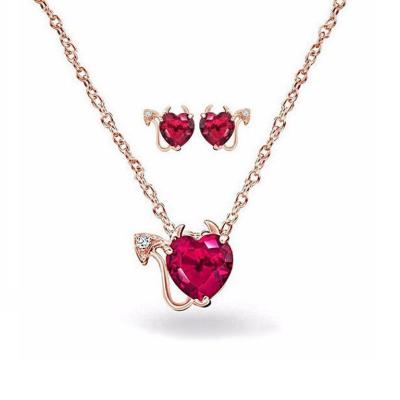 China Lead 925 Silver And Nickel Free Jewelry Set Simulated Pink Ruby Cz Devil Heart Necklace Stud Set for sale