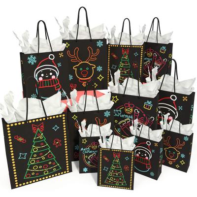 China Recycled Materials Christmas Holiday Gift Bag Glow-In-The-Dark Gift Set With Unique Bright Festive Designs And Patterns Christmas Gift Paper Bags for sale