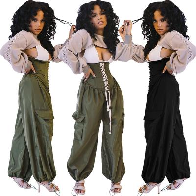 China Washable WT1341 New Arrivals 2022 Clothing Design High Waisted Wide Leg Trousers Pockets Bandage Pants For Women for sale