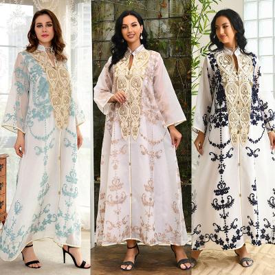 China Anti-Static Dubai Arab Eid Al Fitr Middle East Gold Sequin Floral Embroidered Muslim Woman White Yarn Jalabiya Maxi Long Knee Length Dress for sale