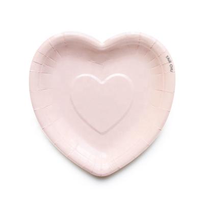 China Baby Shower Paper Plate The Pink Heart Shape Cake Paper Plate With 10cm Party Set Mini Plastic Fork Wedding Favors for sale