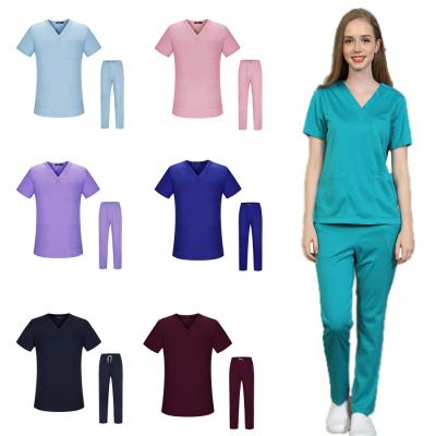 China Breathable Hospital Uniforms Medical Nursing Scrub Set Short V-Neck Sleeve Tops+Pants for sale