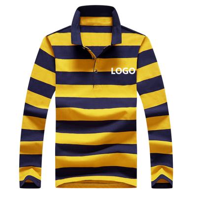 China OEM Anti-Shrink Stripe Men's Long Sleeve Rugby Sports Polo Shirt Sewn 100% Cotton for sale