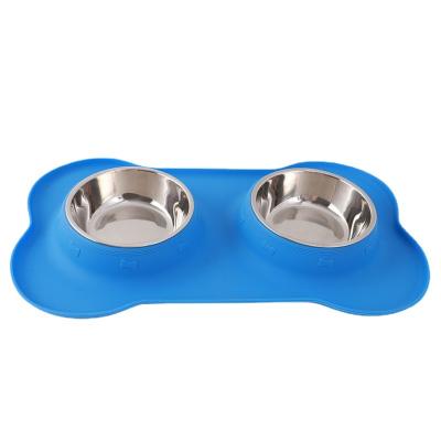 China Factory Sustainable Pet Bowl Dog Water Feeding Bowl Silicone Mat With Double Stainless Steel Pet Bowl for sale