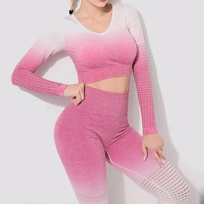 China Breathable Hole Gradient Color Air Tight Hip Exercise Yoga Digging Lifting Set Long Sleeve Yoga Suit Women for sale