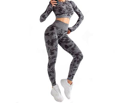 China Manufacturer Direct Selling Bodybuilding Stretch Camouflage Bodybuilding Fitness Breathable Female High Exercise Seamless Yoga Two Piece Jumpsuit for sale