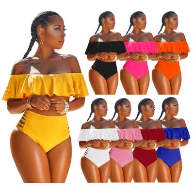 China Zipper Lettuce Edge Ruffle 2-Piece Set 2021 Solid Color Women Multi Colored Swimwear for sale