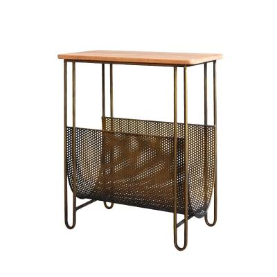 China Iron Steel Wire Single Side Wooden Top Nordic Minimalist Table, Modern Industrial Shape Side Table With Iron for sale