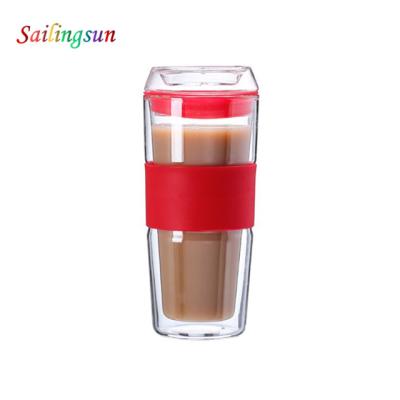 China Safe Clear Wall Pyrex Double Wall Sports Top Food Grade Beverage Juice Coffee Travel Glass Mug for sale