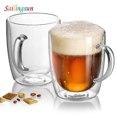 China Large Capacity Safe Classic Handle Food Grade Juice Beer Double Walled Thermo Glass Hot Coffee Mug for sale