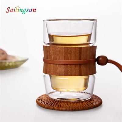 China Graceful Decorative Pyrex Wood Wall Safe Decorative Food Grade Glass Double Sleeve Glass Coffee Mug for sale