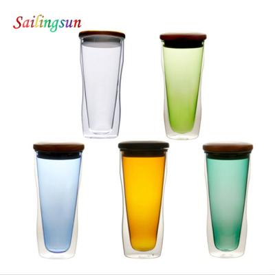 China Food grade safe lid fancy wood color handcraft pyrex double wall sport glass coffee tumbler for sale