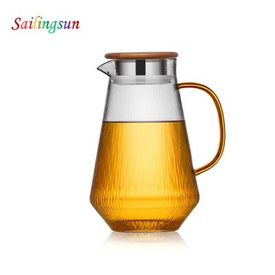 China Sustainable Wholesale Classic Vertical Grain Cooking Filter Lid Bamboo Glass Tea Pitcher for sale