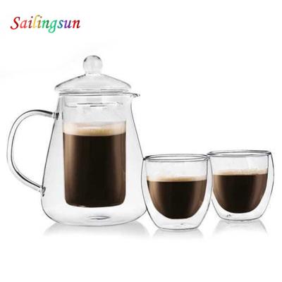 China Sustainable Classic Handmade Pyrex Double Wall With Handle Borosilicate Glass Coffee Pot for sale