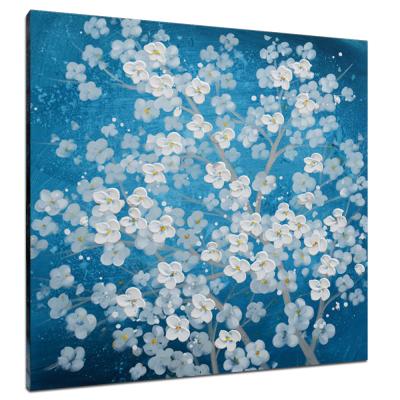 China Wholesale Handmade Abstract Flower Art Painting White Flower Blue Wall Decor Panel for sale