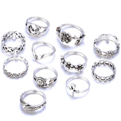 China 11 Pieces FASHIONABLE Opp Bag Alloy Gemstone Rings J0014 Silver Plated Ring Women Jewelry Joint Cross Moon Antique Flower Finger for sale