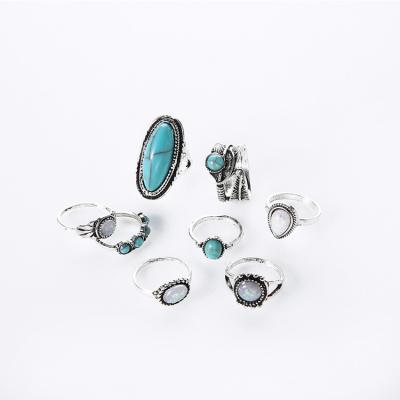 China TRENDY Silicon Silver Finger Ring Jewelry Common Turquoise/New Turquoise 8pcs Opp Bag Alloy Gemstone Rings Ethnic Blue Zircon Kirsite for sale