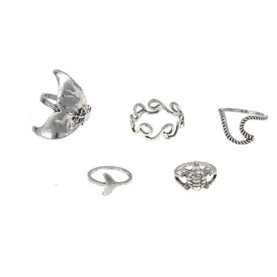 China Hot Selling Trendy Fashion Turtle Tail 5 Pieces Set Ring Set Bohemian Style New Antique Silver Opp Bag Alloy Gemstone Rings Silver Plated for sale