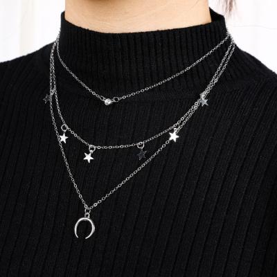 China Wholesale Romantic Moon Star Zirconia Multilayers Sweater Color Sliver Women Yiwu Pendant Necklace for sale