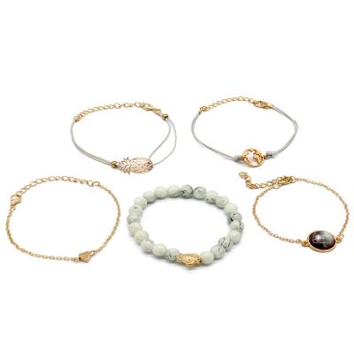 China Fashion Bohemian simple tortoise black pearl love pineapple diamond pine beaded stone map five piece bracelet for sale