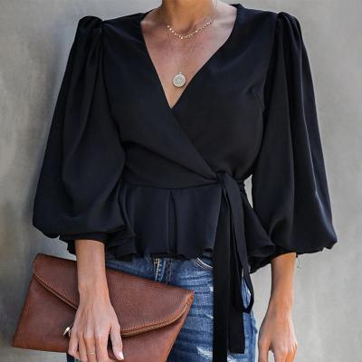 China Breathable Womens Blouses Long Sleeves Elegant Ruffled V-Neck Blouses For Women for sale