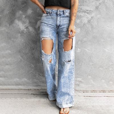 China Breathable Hot Selling Light Blue Washed Holes Ripped Off Buddy Denim Distressed Leg Jeans For Women for sale