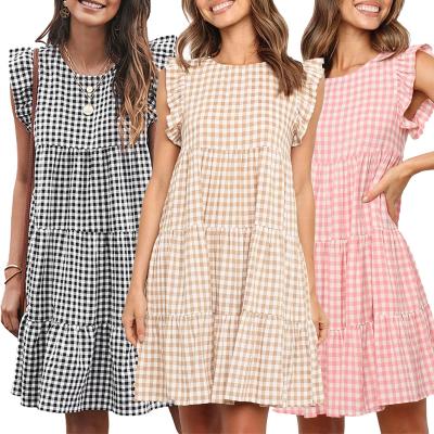 China Mini Dress Sweet Sleeveless Woman Summer Ruffled Plaid Breathable Fashion Newcomers Stretching Dress for sale