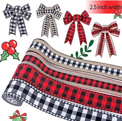 China Sustainable Wholesale Red And Green Snowflake Lattice Ribbon Wired Christmas Decoration Linen Ribbon for sale