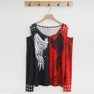 China Sexy Fashion Soft Brush Stretch Wing Print Off The Shoulder Top Womens T-Shirts for sale