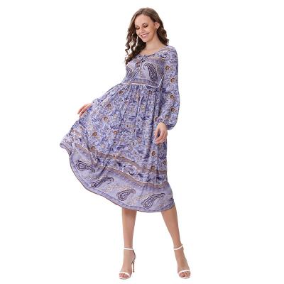 China 100% Viscose Vintage Print Boho Anti-Static Long Sleeve Loose Autumn Girl's Dress for sale