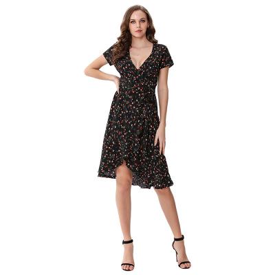 China Anti-Wrinkle Black Floral Print Casual Dress For Women Short Sleeve V-Neck Tie Waist Knee Length Dresses for sale