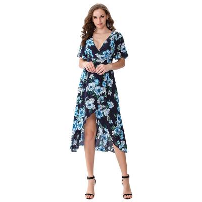 China Summer Sustainable 100% Rayon Floral V-Neck Flare Sleeve Women Beach Dress for sale