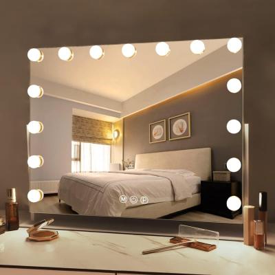 China Modern Design Lighted Metal Led Mirror Vanity Makeup Hollywood Mirror With 15 Bulbs for sale