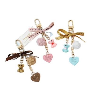 China New Designer Heart Fur Heart Bow Ball Bear Key Chain Ring Brown Cute Blue Resin Rubber 3d Olelon Key Chain Charms Women Kids Gift for sale