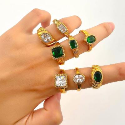 China Waterproof Vintage 18k Pvd Gold Plated 316l Stainless Steel Rings Diamond Gemstone Finger Chunky Wedding Statement Jewelry Zircon Ring for sale