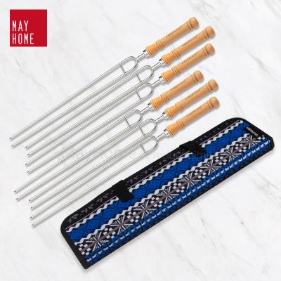 China Easily Cleaned Reusable BBQ Skewer Stainless Steel Stick Metal Grilling Skewer Set with Wooden Handle for sale