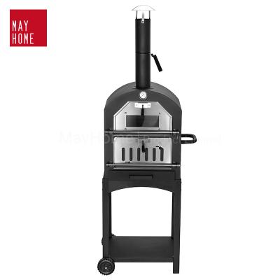 China Long Chimney Easily Cleaned Outdoor Pizza Oven Garden BBQ with Cooking Grill and Pizza Stone Two Cart Charcoal BBQ for sale