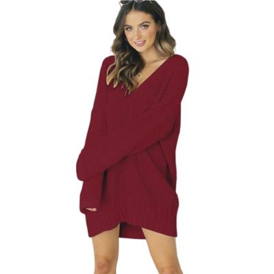 China Fashion Women's Breathable Solid Color V-neck Sweater Dress Loose Casual Sweater Dress for sale