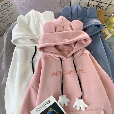 China 2021winter Popular Cashmere Thickened Anti-wrinkle Mickey Embroidered Hoodies Women's Loose Fashion Casual Plus Size Long Sleeve Hoodie for sale