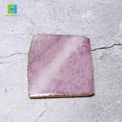 China Amazon Viable Hit Natural Black Pink Quartz 2021 Crystal Agate Slices Stone Coaster With Gold Rim For Cup Holder for sale