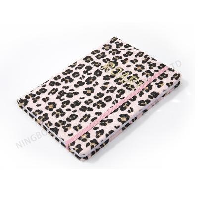 China FLOCKING custom A5 CANVAS COVER journal, elastic flock glitter leopard print notebook for sale