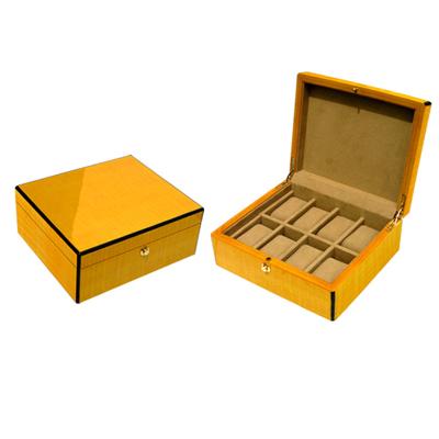 China Customized Matte Yellow Velvet+wood Delicate Logo Watch Band Wooden Packing Box for sale