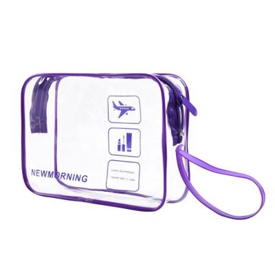 China TSA Approved Custom Logo Purple Zipper Transparent Shampoo Waterproof Clear Travel PVC Pouch Cosmetic Bag for sale