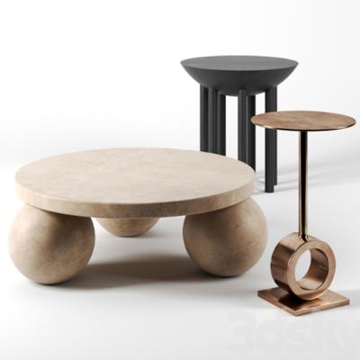 China Best Quality Modern Stone Furniture 3 Ball Set Travertine Marble Table Top Round Sphere Pedestal Marble Ball Beige Coffee Table for sale