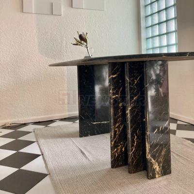 China Natural Stone European Nodic Custom Design Furniture Two Base Black Marquina Marble Dining Table Modern Oval Long Natural Stone Home Tables for sale