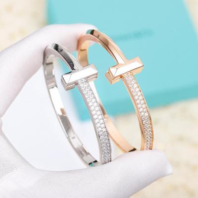 China S925 Sterling Silver Wide Bangle 18k Gold CLASSIC Diamond T-shaped Bracelet Customized for Men and Women for sale