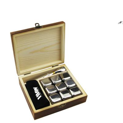 China Disposable stainless steel ice cubes set whiskey cooling stones with tongs and wooden box for bar hotel for sale