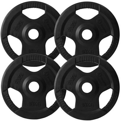 China Eco-friendly High Quality Black Rubber Coated 3 Hole Weightlifting Barbell Plate for sale